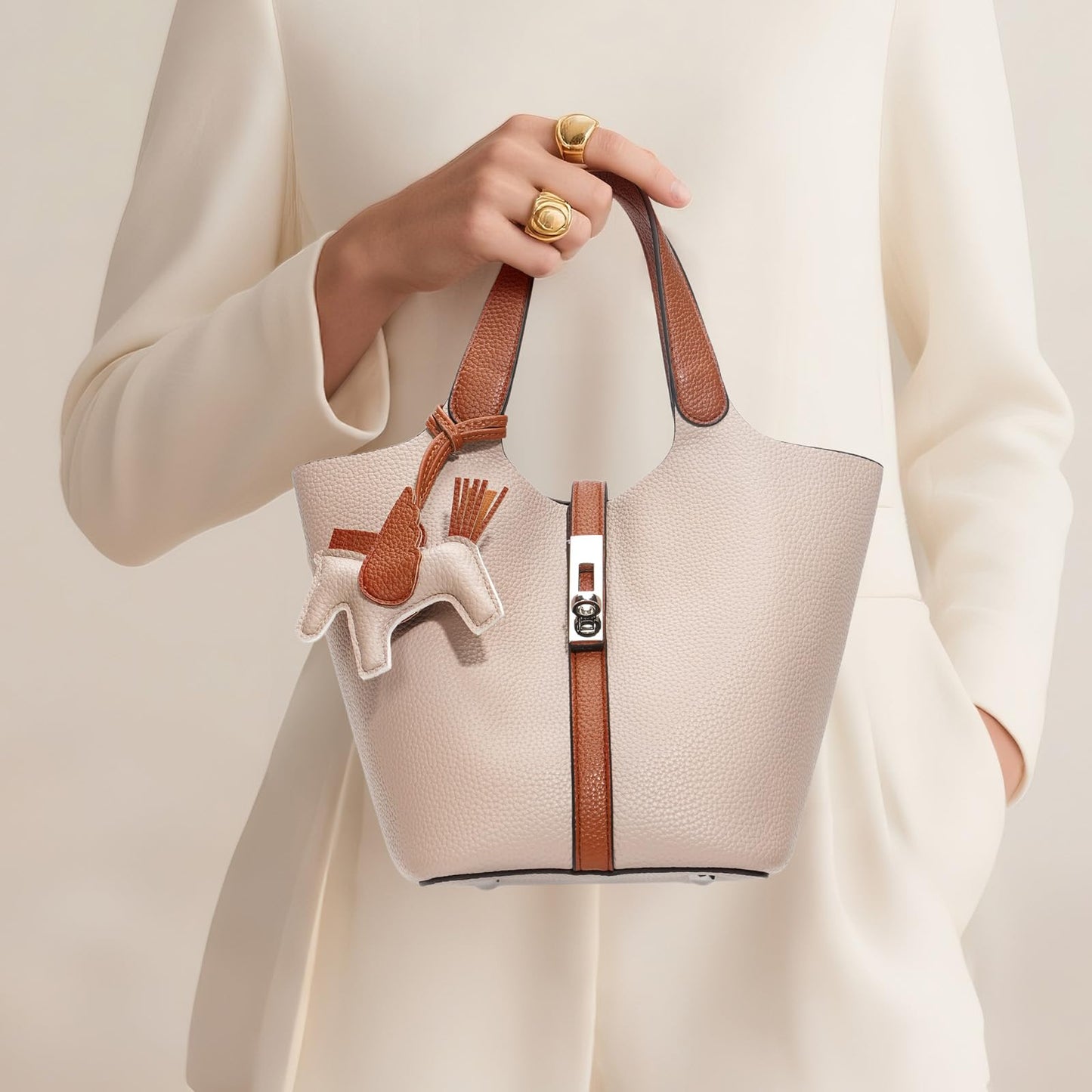 Tote Bag for Women Top Handle Handbag Satchel Bag for Women Vegan Leather Lock Design Bucket Purse for Work Evening