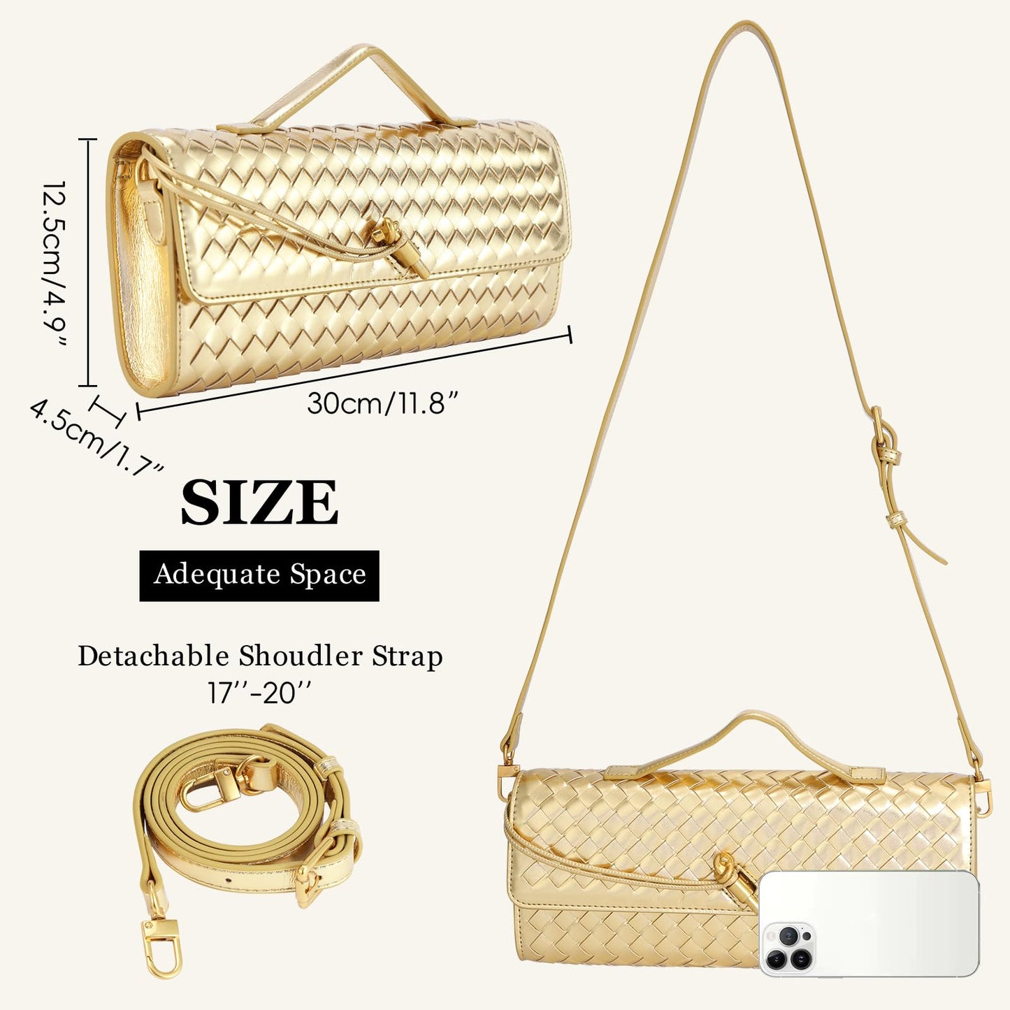 EGCUQ PU Leather Woven Gold Purse,Wedding Clutch,Woven Gold Clutch Purses For Women 11.8" x 1.7" x 4.9"