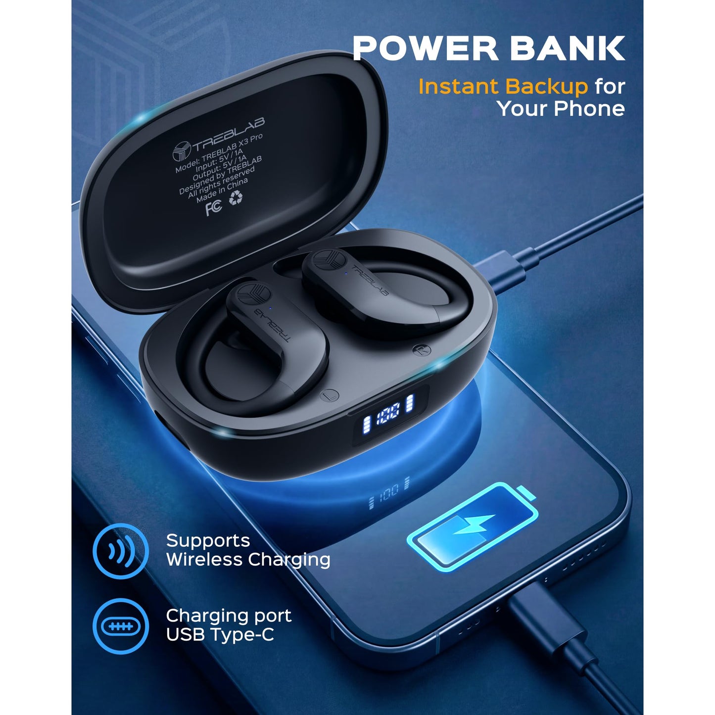 TREBLAB X3 Pro - Sports Wireless Ear Buds Bluetooth - Comfortable Workout Headphones with Secure Ear Hooks, 9H Long Battery Life, IPX5 Sweatproof Earphones, Noise Isolation Over Ear Earbuds