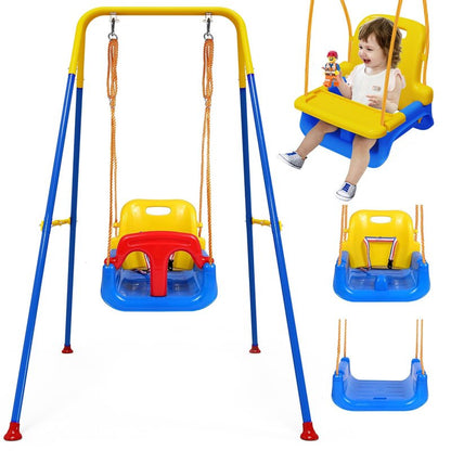 Upgraded Toddler Swing with Tray, Baby Swing Outdoor with Detachable Design, Safety Belt, Foldable Frame for Outdoor & Indoor Use