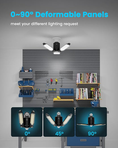 4-Pack Garage Lights with Motion Sensor, 8000LM Motion Sensor Light Indoor with 3 Deformable Design and Auto-Off, E26 Screw-in 6500K Motion Activated Bulbs for Ceiling/Basement