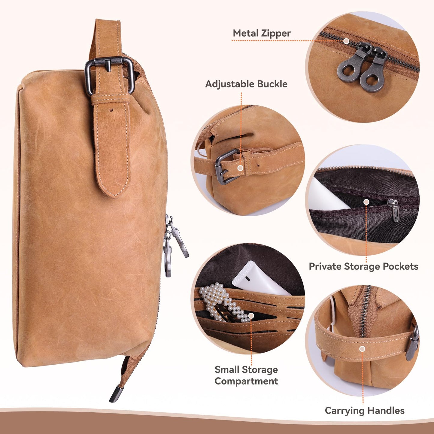 MCKDERWRILL Multi-functional Leather Travel Toiletry Bag - Full-grain leather Water-Resistant Travel, Shaving & Cosmetic Organizer for Men & Women - Compact Bathroom Essentials (Brown)