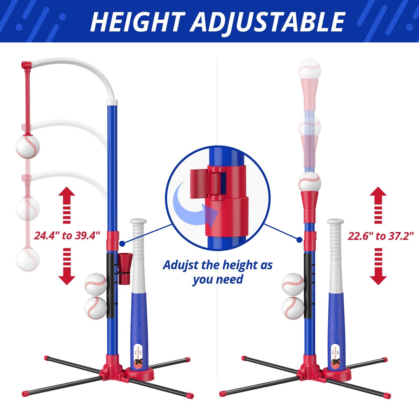 HYES 3-in-1 Baseball Set for Kids 3-5 - Tee Ball Stand, Hanging Tee, Ball Launcher and 6 Softballs - Adjustable Height, Indoor/Outdoor Sport Gifts for Boys Girls, Blue