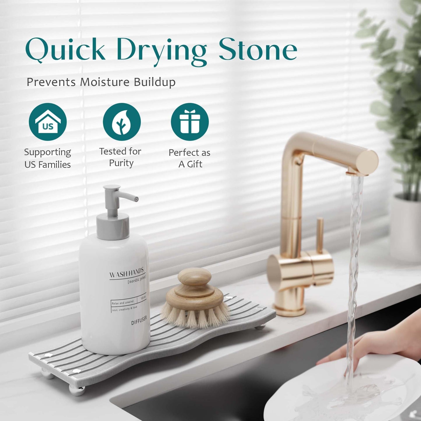 Water Absorbing Stone Tray for Sink, Diatomite Drying Stone for Kitchen Bathroom Counter, Decorative Raised-Feet Vanity Tray, Sink Caddy Organizer for Dish Soap & Sponge Holder [Grey, 12'' x 4'']