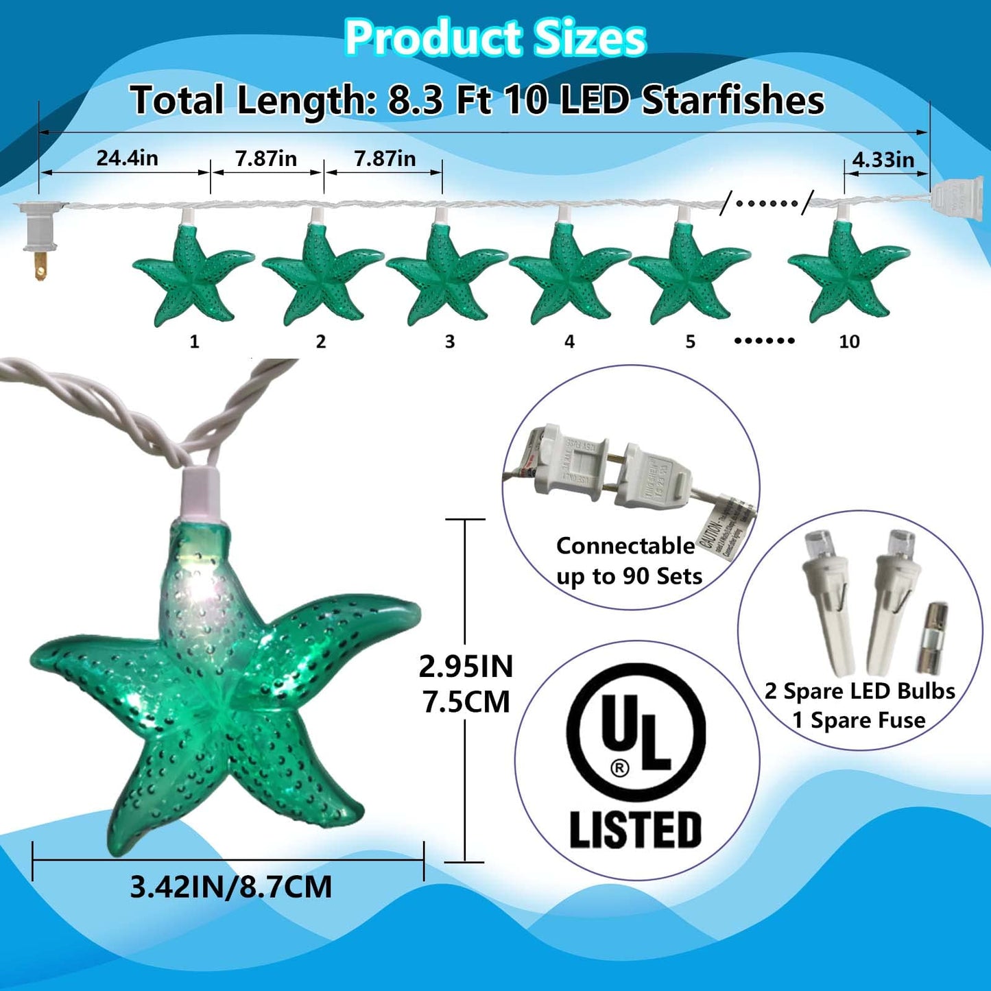 Ocean Themed Starfish String Lights 8.3Ft Marine Fairy String Lights 10 LED Green Starfish Lights, Waterproof Connectable Hanging Tropical Lights for Ocean Room Patio Garden Decor, Warm White