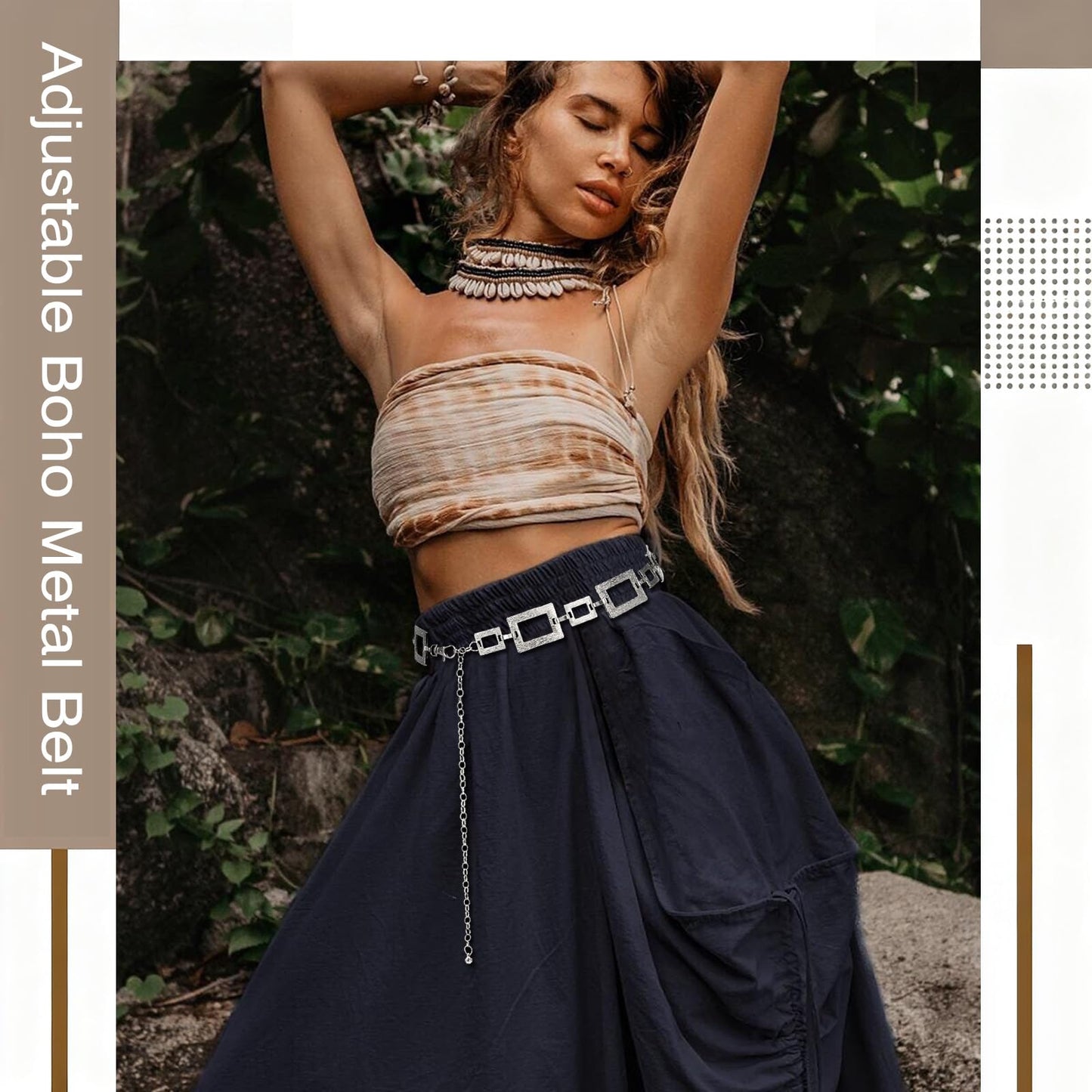 Liutufy Waist Chain for Women Adjustable Boho Metal Belt for Dresses (Square Silver-L)