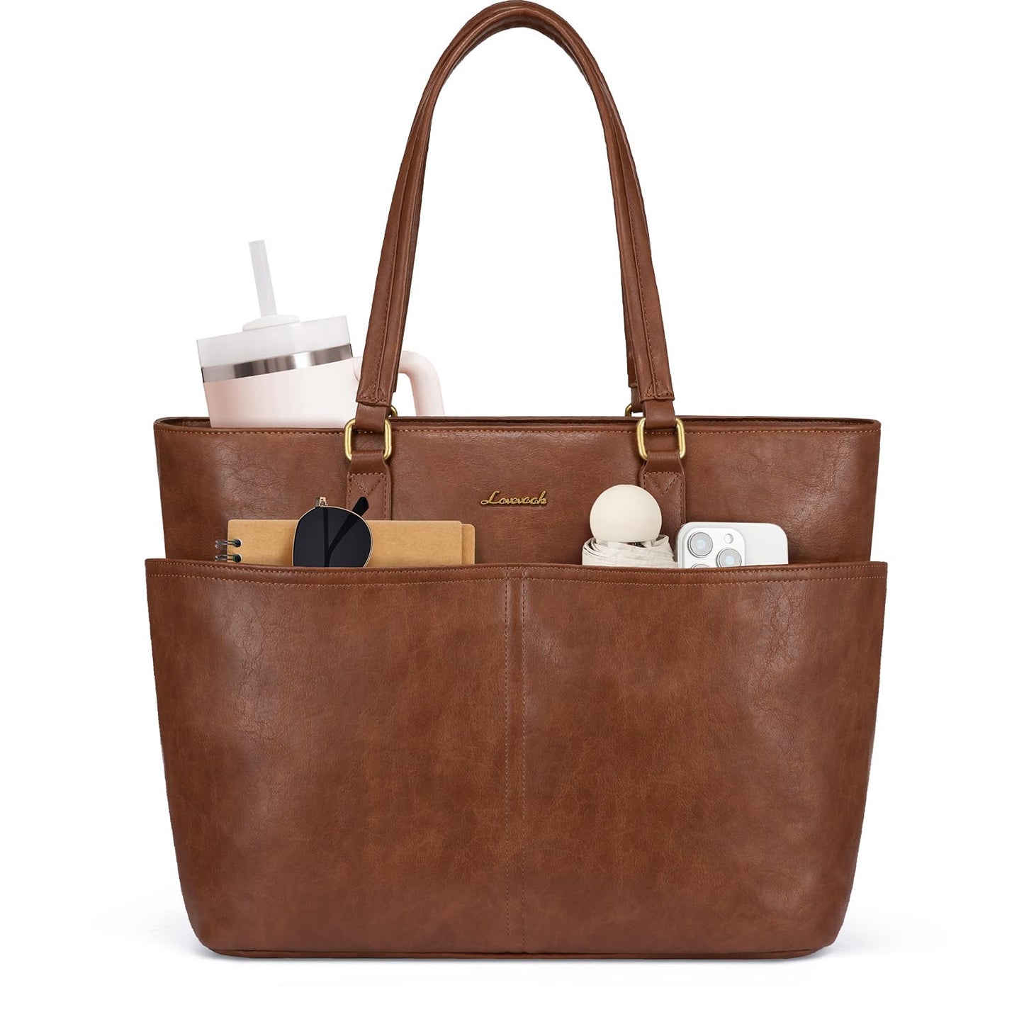 LOVEVOOK Work Tote Bag for Women, Vintage Leather 17.3 Inch Laptop Bags with Large Cup Holder, Teacher Nurse Medical Professional Computer Bag, Office Briefcase Handbag Gift