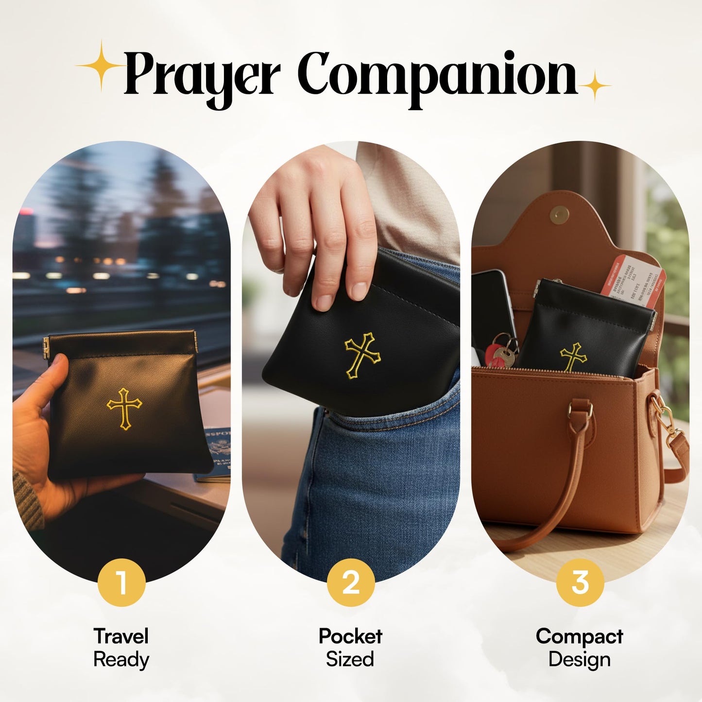 Squeeze-Top Faux Leather Rosary Pouch - Compact White Case for Rosary Beads with Cross Imprint - Keeps Prayer Beads Protected for Travel - Fits Easily in Purse, Pocket, Car, Retreats & Church Use
