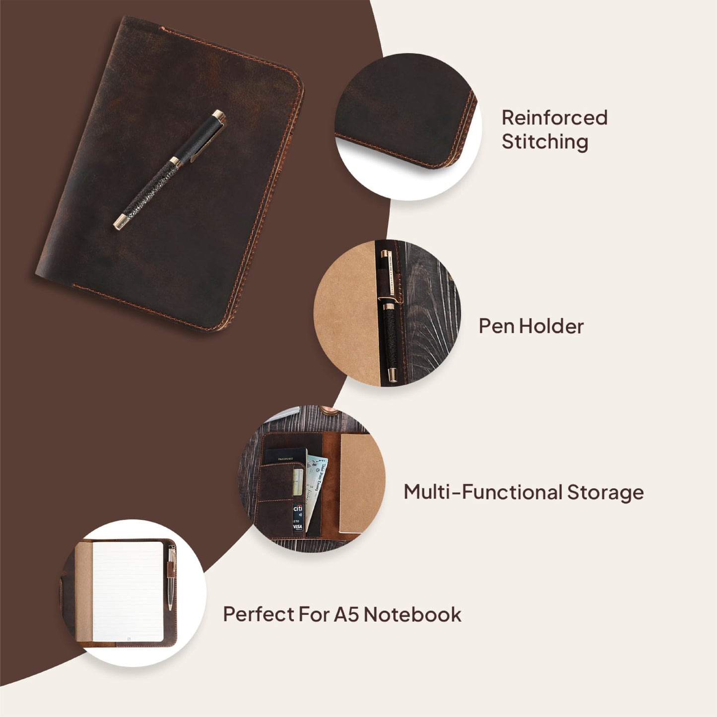 TheAntiq Genuine Leather A5 Journal Cover Refillable Notebook Cover, Fits 5.75 x 8.25 in, Card Slots Pocket & Pen Holder, Handmade Professional Leather Organizer for Men & Women, Travel & Work Diary Cover (Brown)