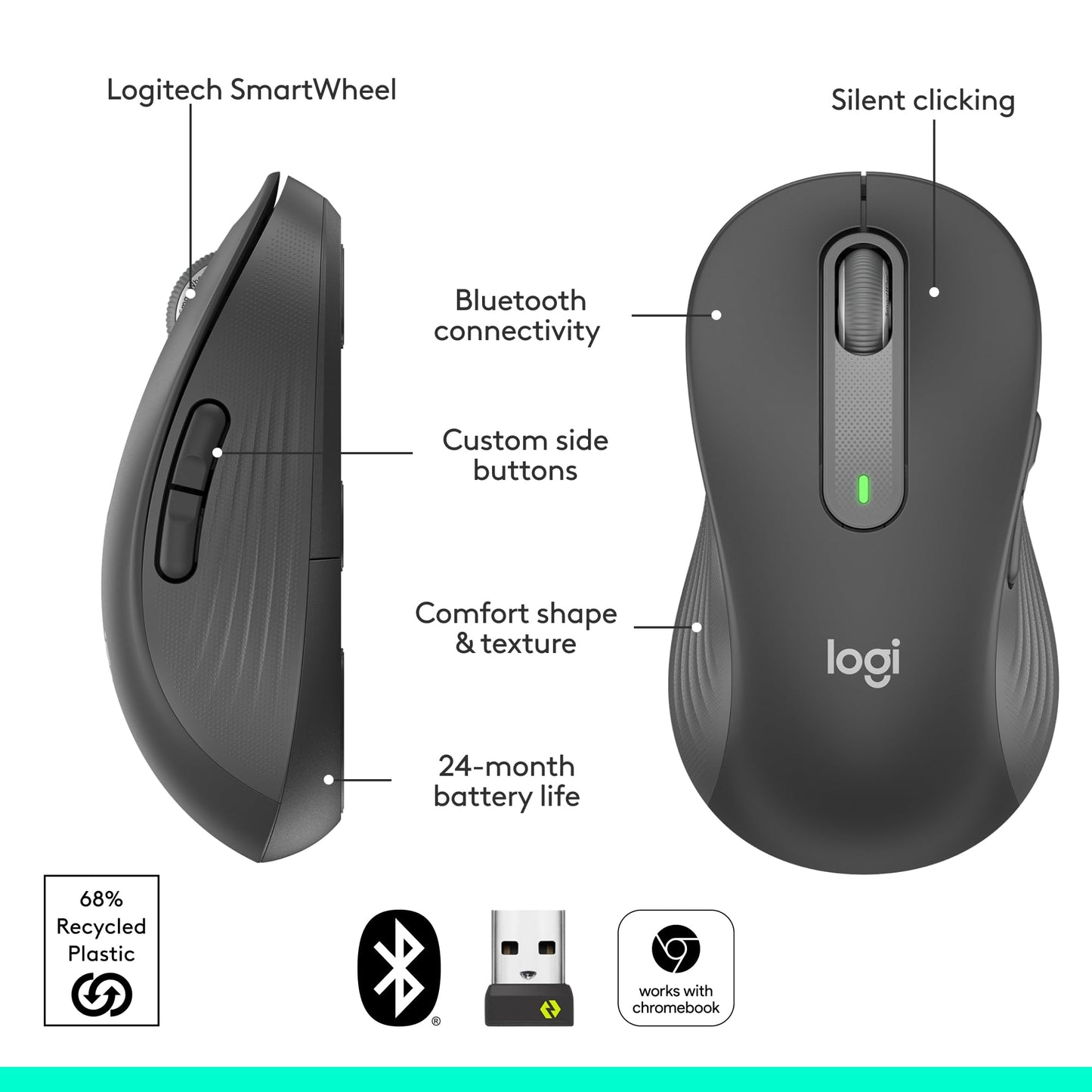 Logitech Wireless Mouse Signature M650 L Full Size - Large Hands, 2-Year Battery, Silent Clicks, Customizable Buttons, Bluetooth, PC/Mac/Chromebook - Black, Right-Handed, Large