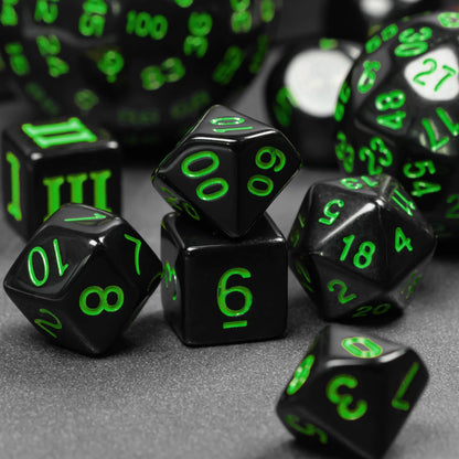 Poludie 15 Pieces Complete Polyhedral DND Dice Set D3-D100 Spherical D&D Dice Set with Dragon Eye Dice Bag, D100 Dice for Dungeons and Dragons, RPG Table Games(Black w/Green Numbers)