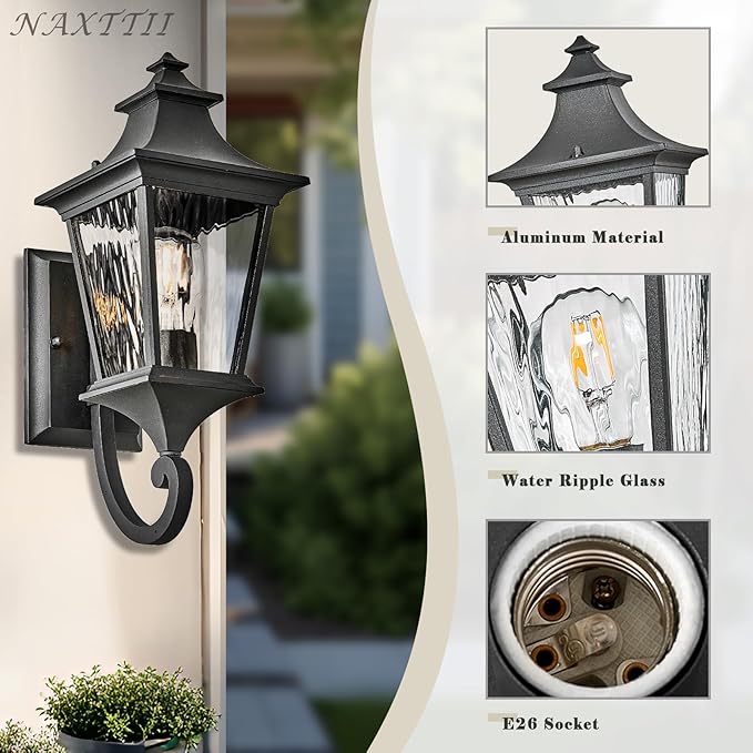 Modern 14.6 Inch Outdoor Wall Sconce Light with Water Ripple Glass in Black Finish, Aluminum Porch Light for Gardens, Garage, Yards and Entryway, E26 Socket