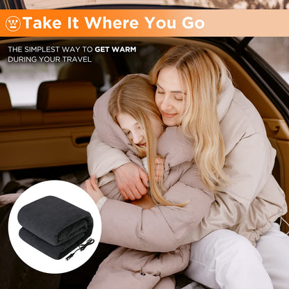 Westinghouse Heated Car Blanket, 12-Volt Electric Blanket for Car, Truck, SUV, RV, Portable Heated Throw for Camping, Grey Buffalo Plaid, 59" x 43”