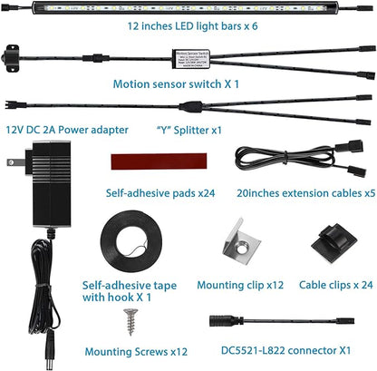 Litever LED Safe Light Kit. Human Motion Sensor Activated. 6 Slim LED Light Bars. Linkable Extendable Plug-in for Gun Safe, Locker, Closet, Showcase, in-Cabinet Under Counter Pantry. Daylight 5000K