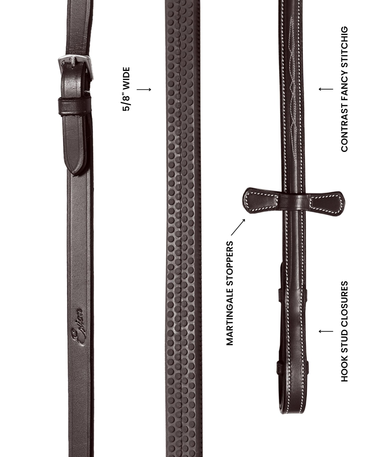 Exion 5/8" (16mm) Designer Stitched Raised Leather Rubber Reins | Premium Grip English Horse Reins with Hook Studs