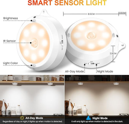 YiaMia Motion Sensor Under Cabinet Lights - 6 Pack, Indoor Smart Sensor Night Light, 3 × AA Battery Operated Wireless Stair Light, Dimmable Puck Lights Suitable for Kitchens, Wardrobes, Hallway