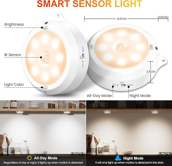 YiaMia Indoor Motion Sensor Night Light - 3 Pack, Smart Under Cabinet Lighting, 3 × AA Battery Operated Wireless Stair Light, Dimmable Puck Lights Suitable for Kitchens, Wardrobes, Hallway