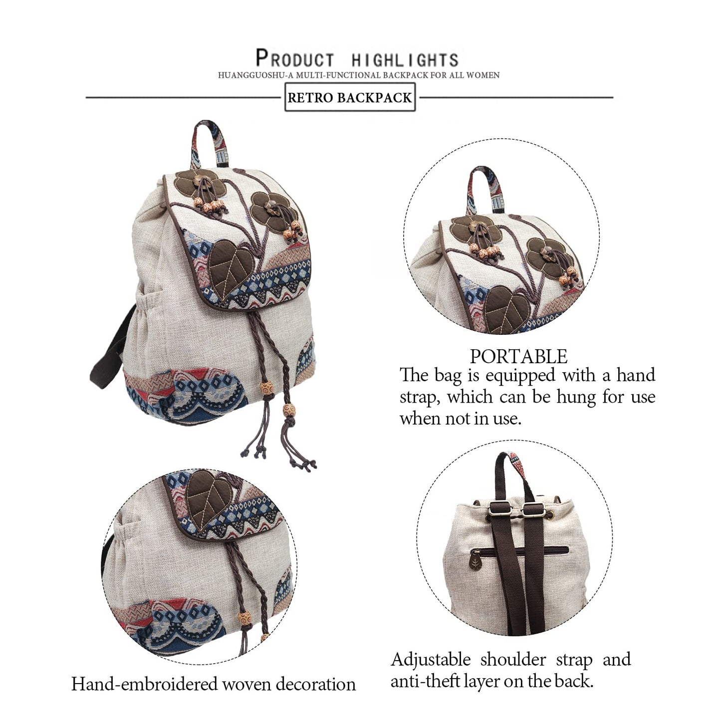 HUANGGUOSHU Backpack Purse For Women Casual Vintage Drawstring Back Pack Bohemian Travel Boho Hand-Held Flap Hand-Embroidered Backpack