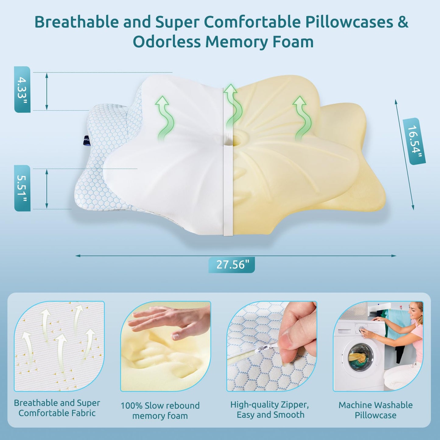 DONAMA Cervical Pillow for Neck and Shoulder,Contour Memory Foam Pillow,Ergonomic Neck Support Pillow for Side Back Stomach Sleepers with Pillowcase