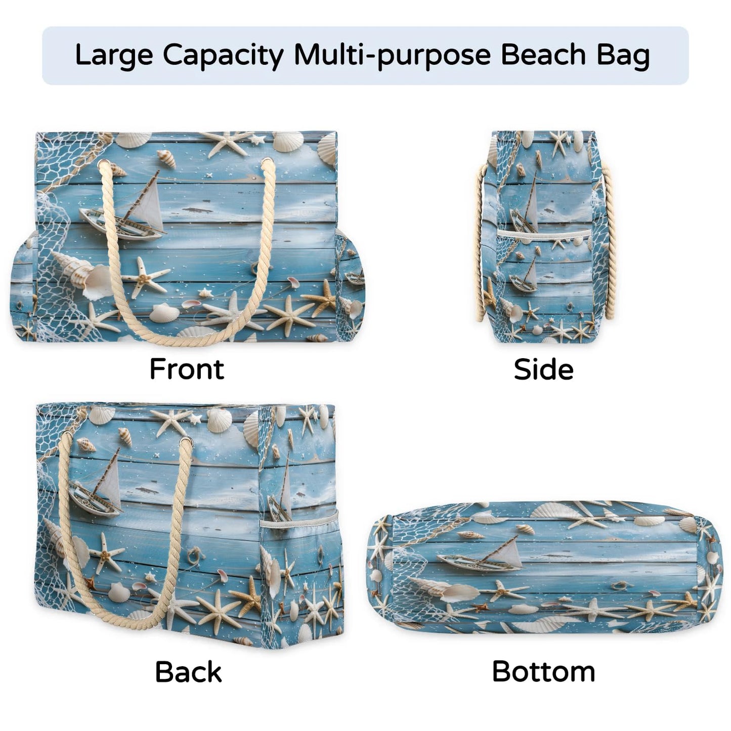 ModaQua Starfish Shell Nautical Beach Bags Waterproof Sandproof for Women, Large with Zipper Pool Beach Tote Reusable Grocery Shoulder Bag for Swim Travel Shopping Vacation Picnic