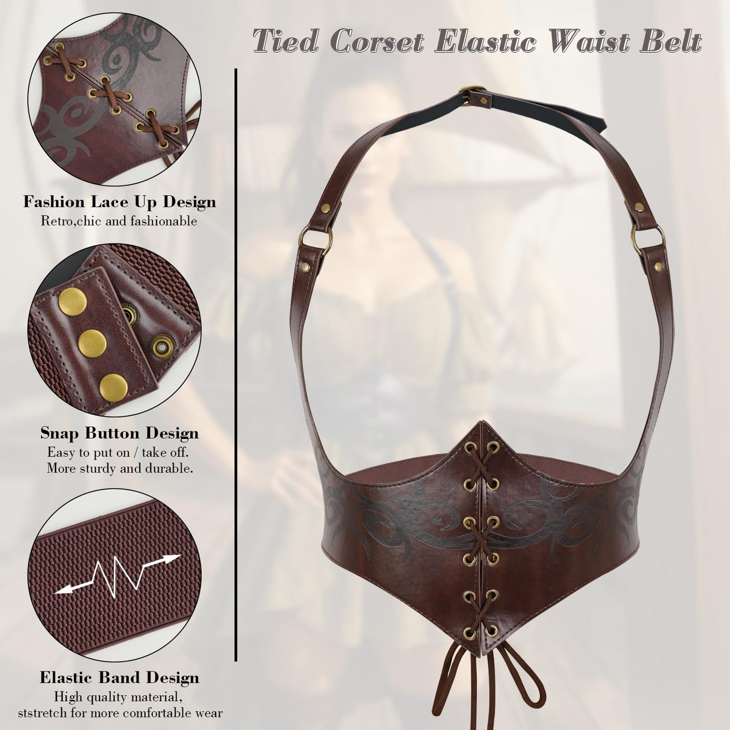 Aprceo Corset Belt for Women, Elastic Waist Lace-up Faux Leather Gothic Costume Waspie Corset Belt for Renaissance Cosplay(L,Brown)
