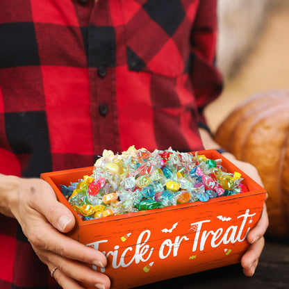 Sintuff Halloween Candy Bowl Wooden Funny Candy Dish Large Trick or Treat Dish Holders Wood Serving Pumpkin Orange Bowl Tableware for Halloween Holiday Party Tiered Tray Decorations(Trick or Treat)