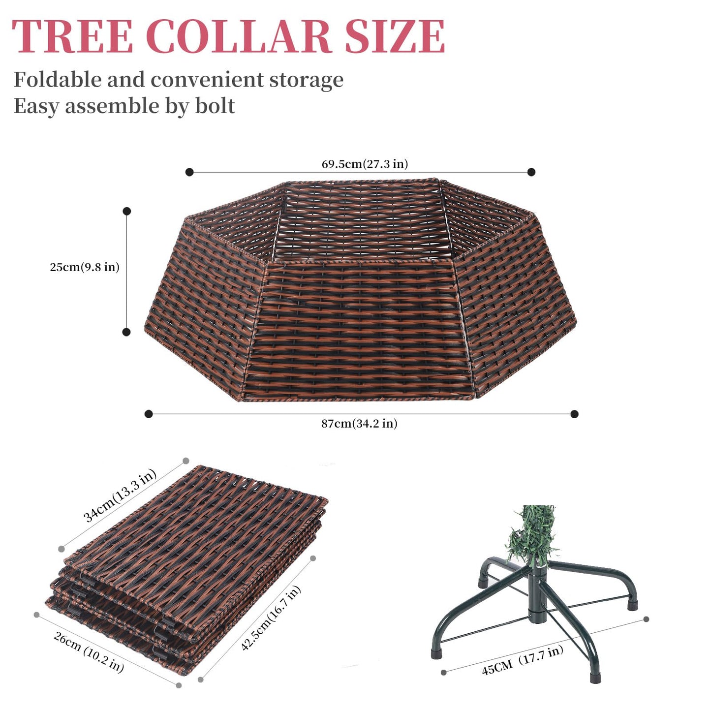 Vencer 34.2''Christmas Tree Collar,Plastic Rattan Xmas Tree Skirt,Rustic Decorations,Tree Skirt Base for Christmas Tree Decorations,Red&Black,CTS-RB008