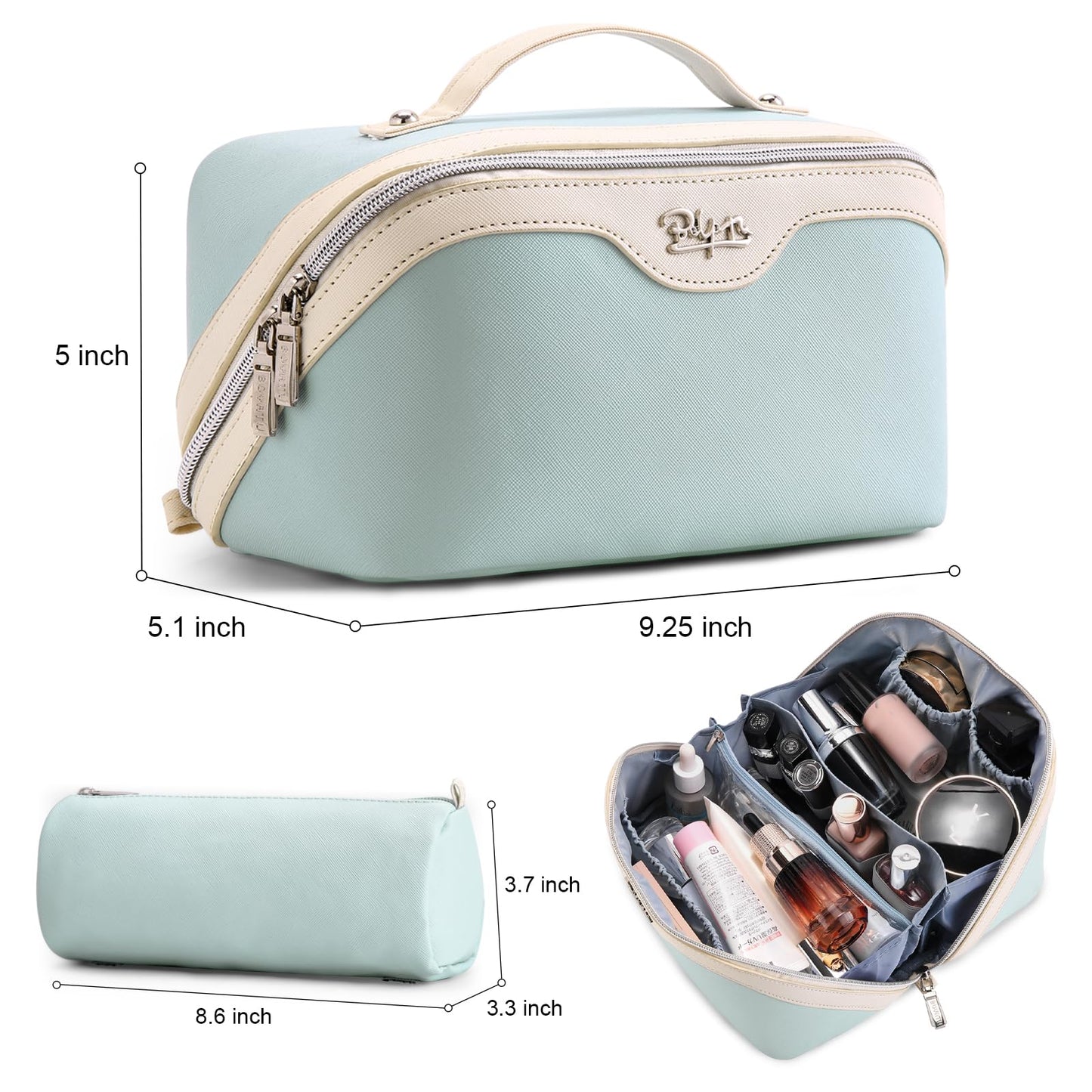 BOYATU Travel Makeup Bag Organizer Cosmetic Bag: 3 Pcs Set Make up Bags for Women with Handle - Waterproof Vegan Leather Toiletry Bags Travel Essentials Pouch with Compartments (A-06-Blue)