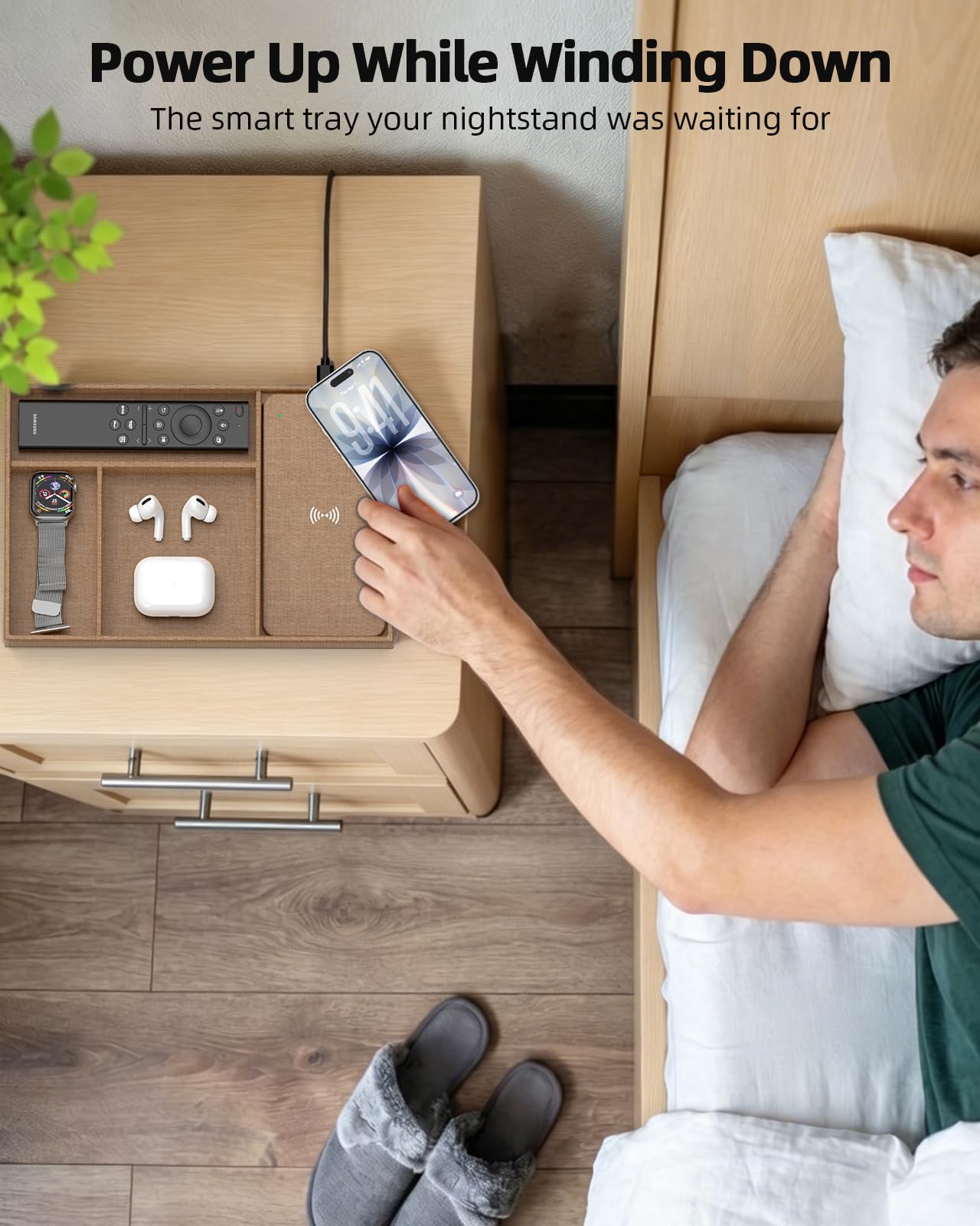 Valet Tray with Wireless Charger, Nightstand Organizer & Catchall Tray for Phone, Keys, Glasses and Accessories, Premium Linen, Stylish Desk & Bedside Storage Station
