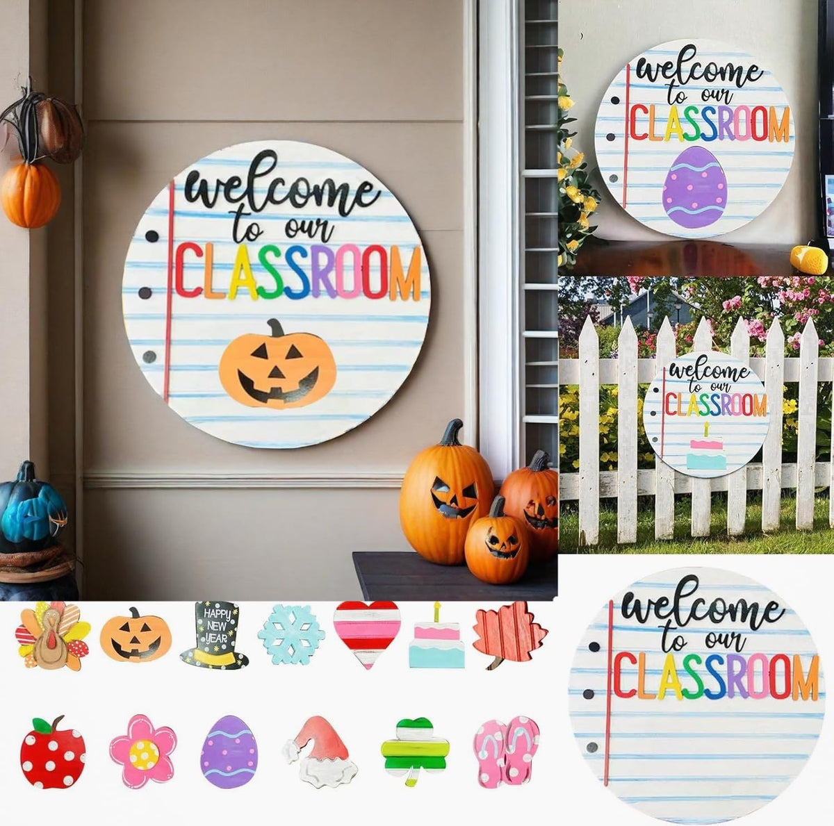 Welcome to Classroom Front Door Decoration Sign, Seasonal Door Sign,-12 inch Interchangeable Wooden Plaque for Classroom/Home, DIY Wall Decor for Christmas Holidays & Back-to-School,13 Patterns