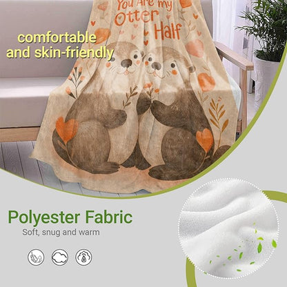 Cute Otter Lightweight Throw Blanket, Romantic Cartoon Animal with Heart and Flower, Warm Soft Cozy Flannel Blankets, Couch Dorm Home Decor All Season Use, 80x60in, Beige, Gifts for Lovers