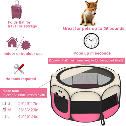 Portable Pet Playpen, 8-Panel Indoor/Outdoor Puppy Pen with Shade Cover & Travel Bag - Waterproof Dog Cat Tent Includes Collapsible Bowl