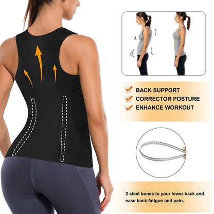 LANCS Women Waist Trainer Vest Sauna Suit Zipper Cincher Body Shaper Corset Sweat Vest Slimming Workout Tank Tops (Black, Small)