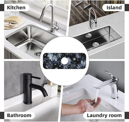 Faucet Draining Mat For Kitchen Sink, Stylized Gray Chrysanthemum Flowers