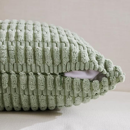 Fancy Homi Sage Green Decorative Throw Pillow Covers 16x16 Inch for Living Room Couch Bed Sofa, Soft Striped Corduroy Square Cushion Case 40x40 cm, Rustic Farmhouse Boho Home Decor