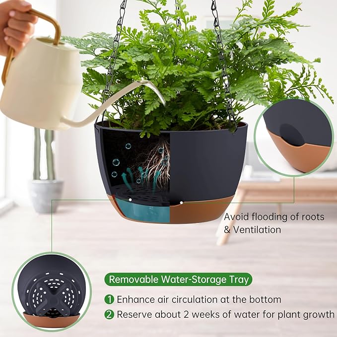 Set of 2 8 Inch Self Watering Hanging Planters for Indoor Outdoor Plants, Color Blocking Hanging Baskets Flower Pots with Drainage Hole & Removable Water-Storage Tray and 20" Chain Hanger