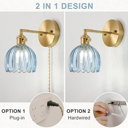 Plug in Wall Sconces Set of 2, Vintage Wall Sconce Light with Tulip Denim Blue Glass Lampshade, 180° Adjustable Wall Sconce with Switch and Plug in wall lamp Cord, Gold Wall Light Wall Decor Set of 2