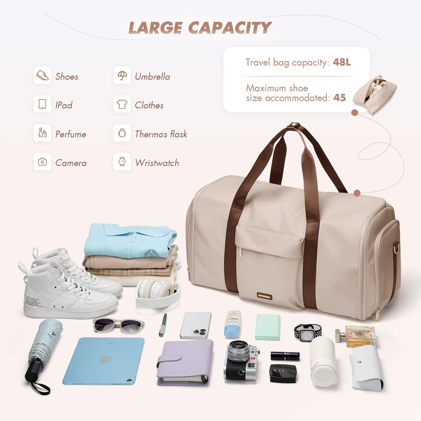 GOLF QUALITY Convertible 2-in-1 Garment Bags for Travel,Women Men Carry On Garment Duffle Bag With Shoe Compartment,Hanging Suit bag,48L,Apricot