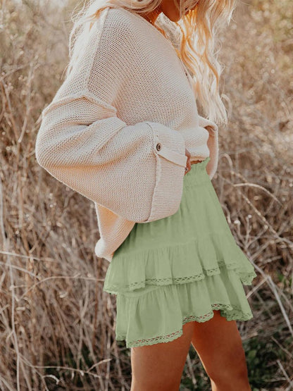 Aoudery Flowy Shorts for Women Casual Boho Ruffle Tiered Skorts High Waist Mini Skirts Golf Tennis Butterfly Crochet Shorts - Grey Green M
