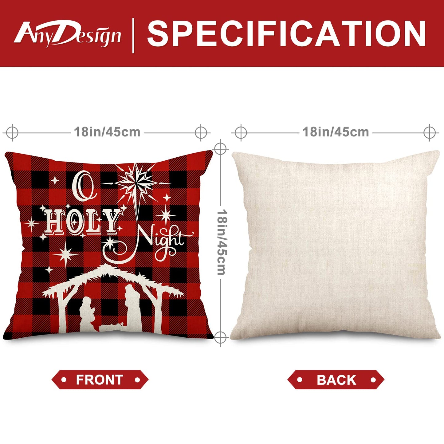 AnyDesign Christmas Pillow Cover 18 x 18 Inch Red Black Buffalo Check Plaids Holy Night Throw Pillow Case Decorative Cushion Cover Case for Farmhouse Home Couch Sofa, Set of 4