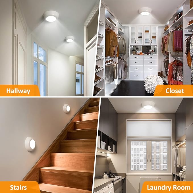 DLLT Battery Powered Motion Sensor Light, Battery Operated LED Ceiling Light with 900LM, Wireless Flush Mount Round Sensor Lighting for Closet Stair Hallway Shower Shed Garage Pantry, (5000K, 3-Pack)
