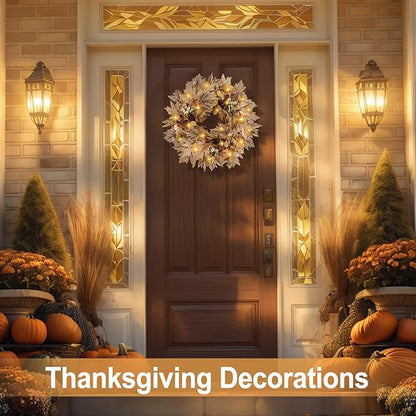 22 Inch Fall Wreaths for Front Door Outside Timer Function Pinecones Berries Autumn Fall Wreaths with 30 Warm Lights Home Porch Door Yard Harvest Mantle Window Decor