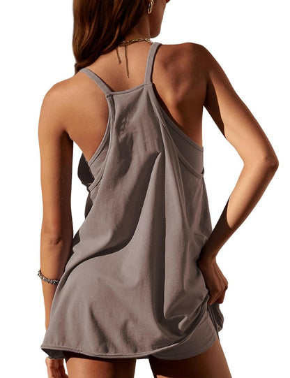 Lentta Womens Athletic Sleeveless Mini Dress with Built-in Shorts V Neck Spaghetti Strap Sundress(LightCoffee-XS)