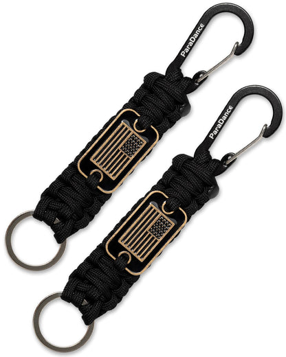 Paracord Keychain Carabiner with Cool USA Flag Men/Women, Military Braided Key Chain with Hook Clip Ring, Heavy Duty Key Lanyard for Car Keys/Backpack, Camping Hiking, 2-Pcs (2 * Black)