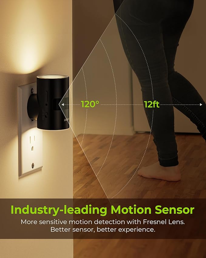 AUVON LED Night Lights Plug into Wall, Dimmable Night Light with Motion Sensor, Dusk to Dawn Sensor & Rotatable Design, 1-100LM Adjustable Brightness Warm White for Bedroom, Hallway, 2-Pack
