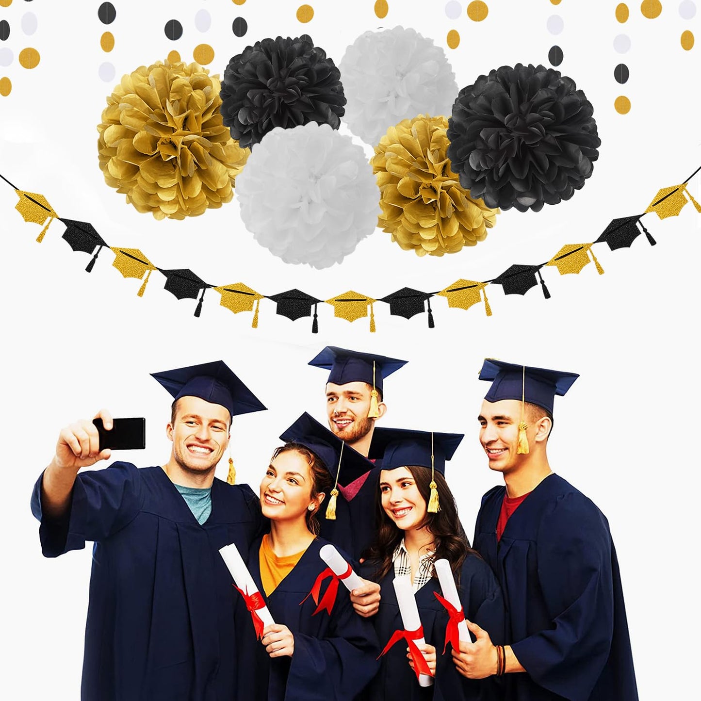 Black-White Gold Party-Decorations Graduation Banner - 8pcs Kits Class of 2026 Cap Garland Streamers, Paper Tissue Pom Poms Flowers, Congratulations Grad Decor Lasting Surprise