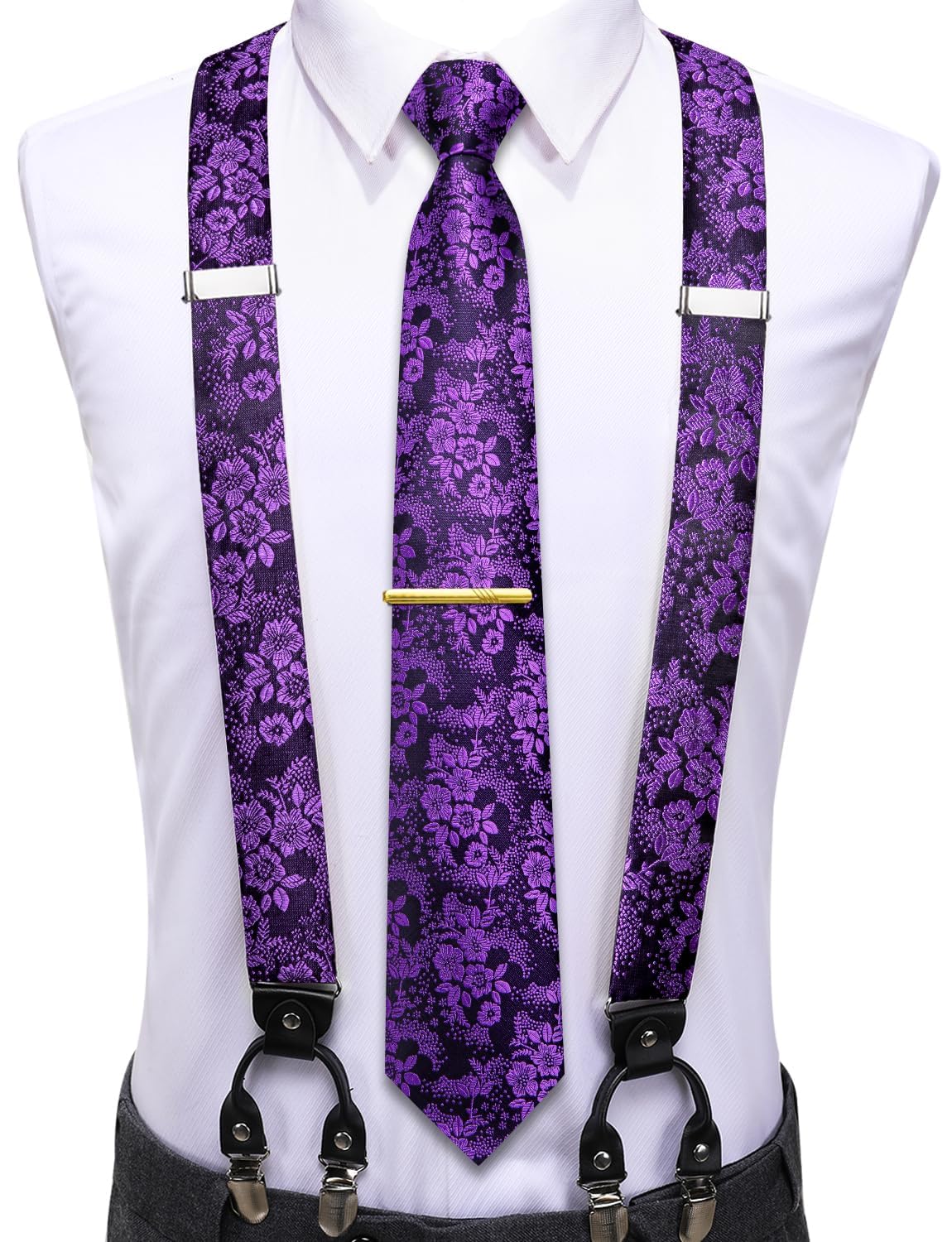 Hi-Tie Mardi Gras Purple and Black Silk Suspenders for Men Tie Set Jacquard Floral Adjustable Elastic Y Braces with Strong 6 Clips Pocket Square Set Wedding Party