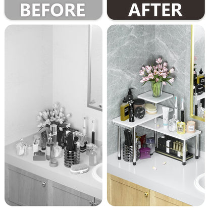 ZHWS Kitchen Countertop Organizer Spice Rack for Salt, Bathroom Counter Organizer Over Sink for Makeup, Skincare, Adjustable 3-Tier Corner Counter Shelf with 4 Hooks for Coffee Bar Dresser Table