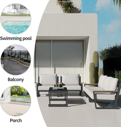 Aluminum Outdoor Sofa,4 Seats Modern Patio Furniture Set,Sectional Sofa Conversation Set with Coffee Table, Upgraded Washable Cushions for Garden Backyard,Grey