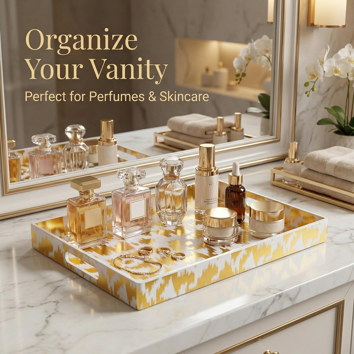 Zosenley Decorative Serving Tray with Handles - 16" x 12" Large Rectangle Coffee Table Decor - Modern Gold Aesthetic Vanity Tray for Ottoman, Bedroom & Bathroom
